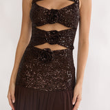 Dioris Rosette Cut-Out Sequin Maxi Dress Sequin Choco