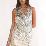 Maison Luxe Cowl Neck Sequin Mini Dress Silvernude