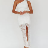 Lingering Love One-Shoulder Split Midi Dress Lace White