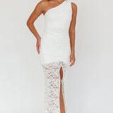 Lingering Love One-Shoulder Split Midi Dress Lace White
