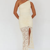 Lingering Love One-Shoulder Split Midi Dress Lace Yellow