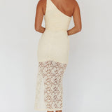 Lingering Love One-Shoulder Split Midi Dress Lace Yellow