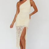Lingering Love One-Shoulder Split Midi Dress Lace Yellow