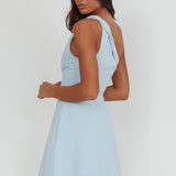 Lingering Love One-Shoulder Twist Mini Dress Blue