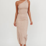 Lingering Love One-Shoulder Twist Midi Dress Beige