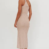 Lingering Love One-Shoulder Twist Midi Dress Beige