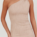 Lingering Love One-Shoulder Twist Midi Dress Beige