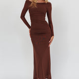 In Blooms Off Shoulder Mesh Maxi Dress Chocolate