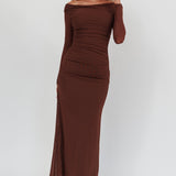 In Blooms Off Shoulder Mesh Maxi Dress Chocolate