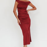 In Blooms Off Shoulder Satin Maxi Dress Wine
