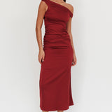 In Blooms Off Shoulder Satin Maxi Dress Wine