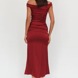 In Blooms Off Shoulder Satin Maxi Dress Wine