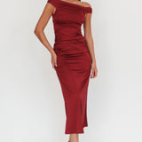 In Blooms Off Shoulder Satin Maxi Dress Wine