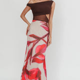 In Blooms Mesh Bodice Maxi Dress Print Chocolate