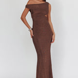 In Blooms Asymmetric Neckline Maxi Dress Shimmer Chocolate