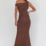 In Blooms Asymmetric Neckline Maxi Dress Shimmer Chocolate