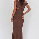 In Blooms Asymmetric Neckline Maxi Dress Shimmer Chocolate