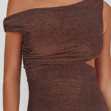 In Blooms Asymmetric Neckline Maxi Dress Shimmer Chocolate