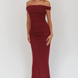 In Blooms Off Shoulder Mesh Midi Dress Wine