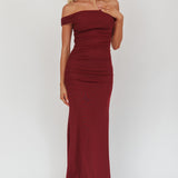 In Blooms Off Shoulder Mesh Midi Dress Wine