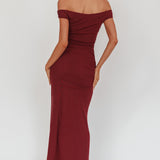 In Blooms Off Shoulder Mesh Midi Dress Wine