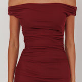 In Blooms Off Shoulder Mesh Midi Dress Wine