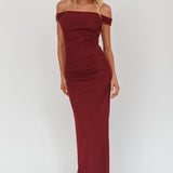 In Blooms Off Shoulder Mesh Midi Dress Wine