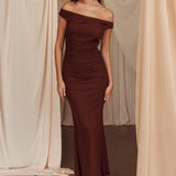 In Blooms Off Shoulder Mesh Midi Dress Brown