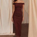 In Blooms Off Shoulder Mesh Midi Dress Brown