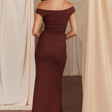 In Blooms Off Shoulder Mesh Midi Dress Brown