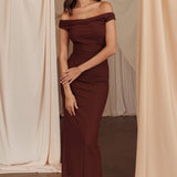 In Blooms Off Shoulder Mesh Midi Dress Brown