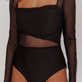 Toronto Long Sleeve Partial Sheer Bodysuit Black