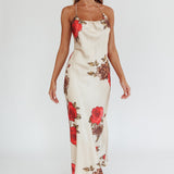 Aspen Spring Lace-Up Back Maxi Dress Floral Beige