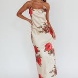 Aspen Spring Lace-Up Back Maxi Dress Floral Beige