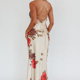 Aspen Spring Lace-Up Back Maxi Dress Floral Beige
