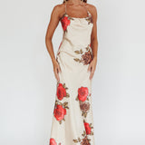Aspen Spring Lace-Up Back Maxi Dress Floral Beige