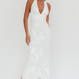 Cipriana Backless Halter Maxi Dress Embellished White