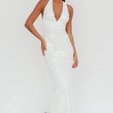 Cipriana Backless Halter Maxi Dress Embellished White