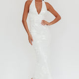 Cipriana Backless Halter Maxi Dress Embellished White