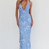 Cipriana Backless Halter Maxi Dress Embellished Blue