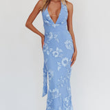 Cipriana Backless Halter Maxi Dress Embellished Blue