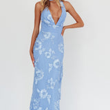 Cipriana Backless Halter Maxi Dress Embellished Blue