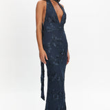 Cipriana Backless Halter Maxi Dress Embellished Navy