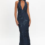 Cipriana Backless Halter Maxi Dress Embellished Navy