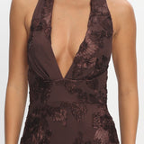 Cipriana Backless Halter Maxi Dress Embellished Brown