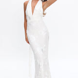 Cipriana Backless Halter Maxi Dress Embellished Floral White
