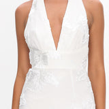 Cipriana Backless Halter Maxi Dress Embellished Floral White