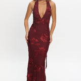 Cipriana Backless Halter Maxi Dress Embellished Wine