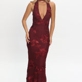 Cipriana Backless Halter Maxi Dress Embellished Wine