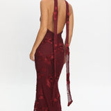 Cipriana Backless Halter Maxi Dress Embellished Wine